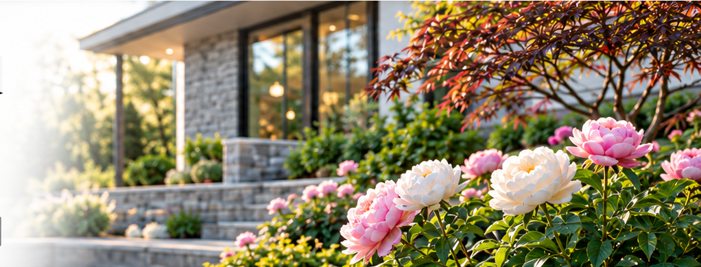 Inspired landscape with flowering peonies